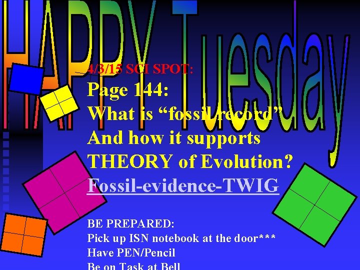 4/3/15 SCI SPOT: Page 144: What is “fossil record” And how it supports THEORY