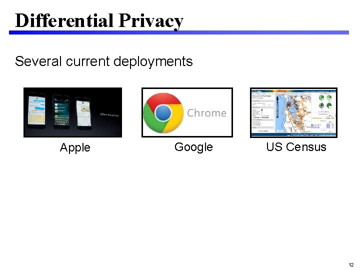 Differential Privacy Several current deployments Apple Google US Census 12 