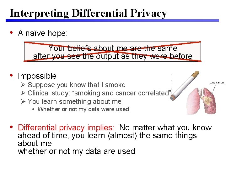 Interpreting Differential Privacy • A naïve hope: Your beliefs about me are the same