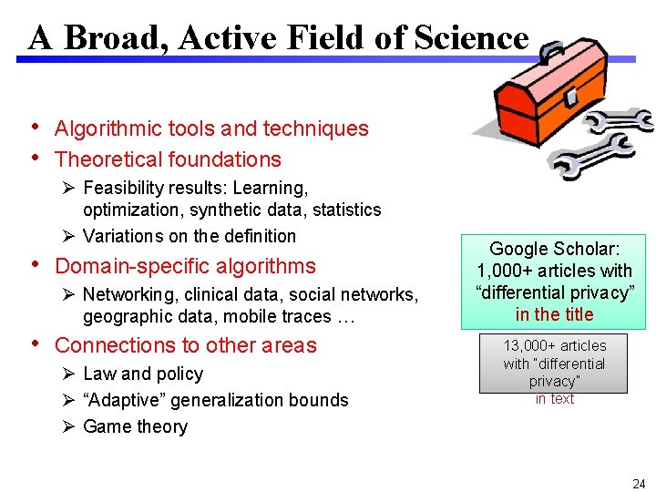 A Broad, Active Field of Science • Algorithmic tools and techniques • Theoretical foundations