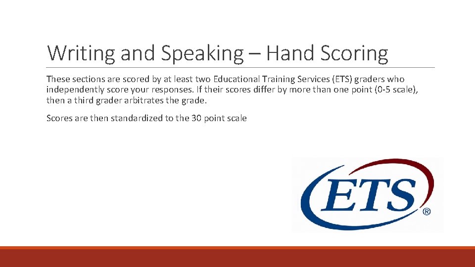 Writing and Speaking – Hand Scoring These sections are scored by at least two