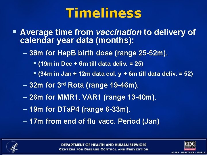 Timeliness § Average time from vaccination to delivery of calendar year data (months): –