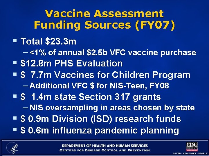 Vaccine Assessment Funding Sources (FY 07) § Total $23. 3 m – <1% of