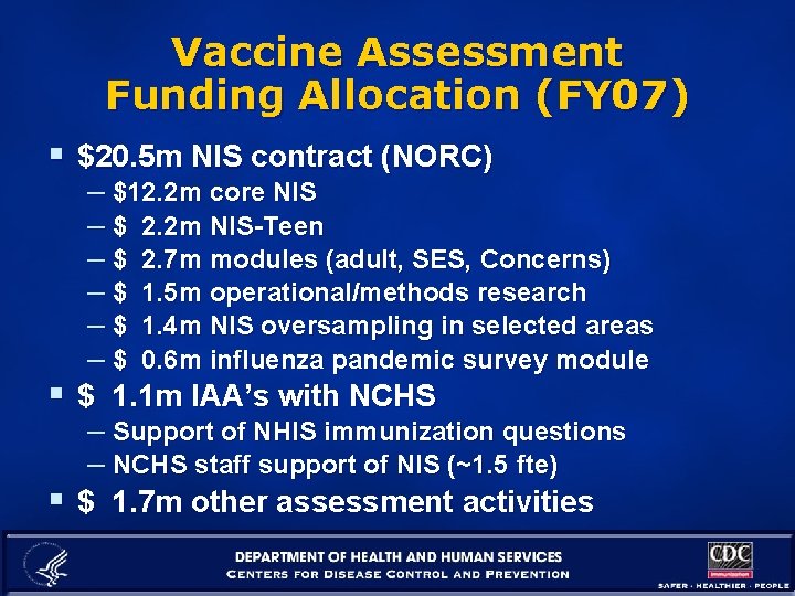 Vaccine Assessment Funding Allocation (FY 07) § $20. 5 m NIS contract (NORC) –