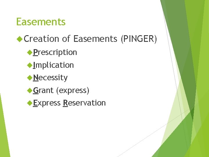 Easements Creation of Easements (PINGER) Prescription Implication Necessity Grant (express) Express Reservation 