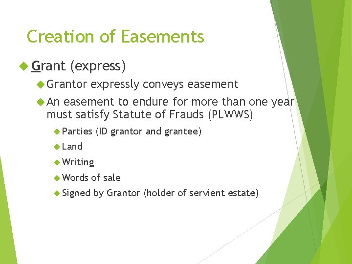 Creation of Easements Grant (express) Grantor expressly conveys easement An easement to endure for