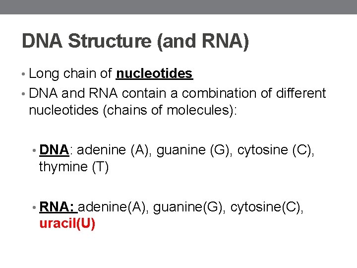 DNA Structure (and RNA) • Long chain of nucleotides • DNA and RNA contain