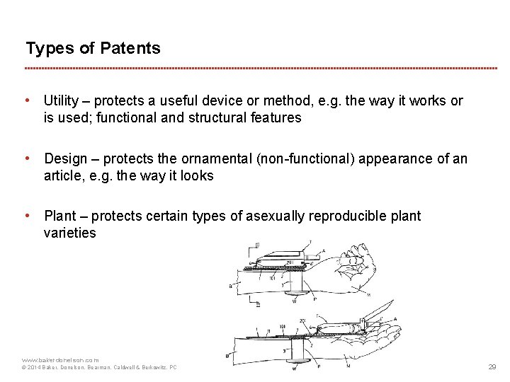 Types of Patents • Utility – protects a useful device or method, e. g.