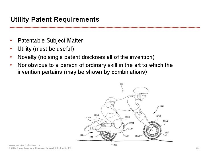 Utility Patent Requirements • • Patentable Subject Matter Utility (must be useful) Novelty (no