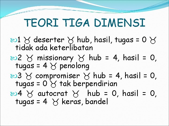 TEORI TIGA DIMENSI 1 deserter hub, hasil, tugas = 0 tidak ada keterlibatan 2