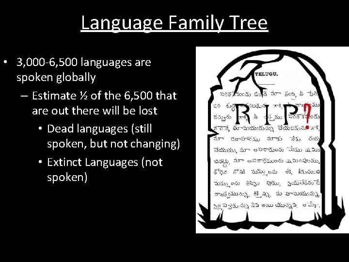 Language Family Tree • 3, 000 -6, 500 languages are spoken globally – Estimate