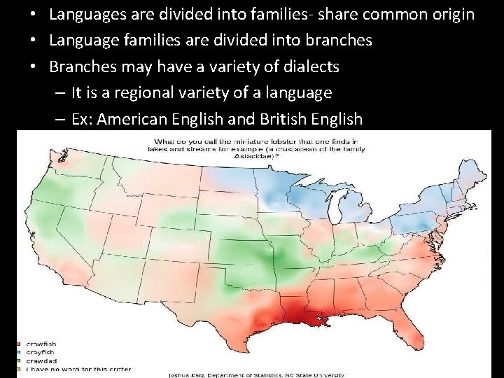  • Languages are divided into families- share common origin • Language families are