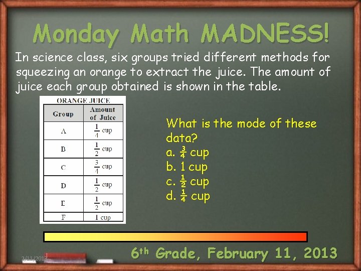 Monday Math MADNESS! In science class, six groups tried different methods for squeezing an