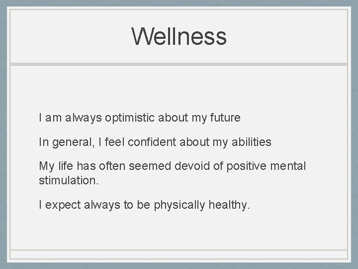 Wellness I am always optimistic about my future In general, I feel confident about