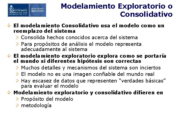 Modelamiento Exploratorio o Consolidativo â El modelamiento Consolidativo usa el modelo como un reemplazo