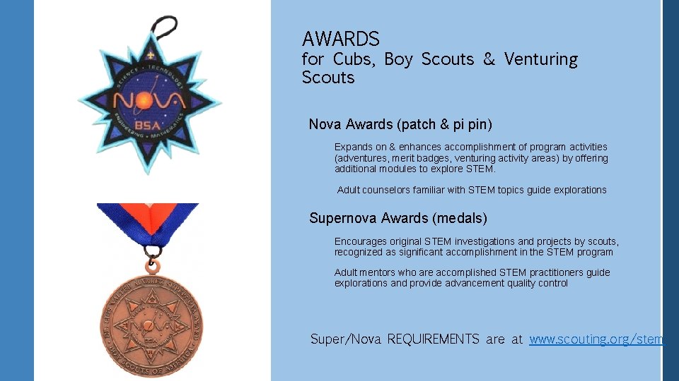 AWARDS for Cubs, Boy Scouts & Venturing Scouts Nova Awards (patch & pi pin)