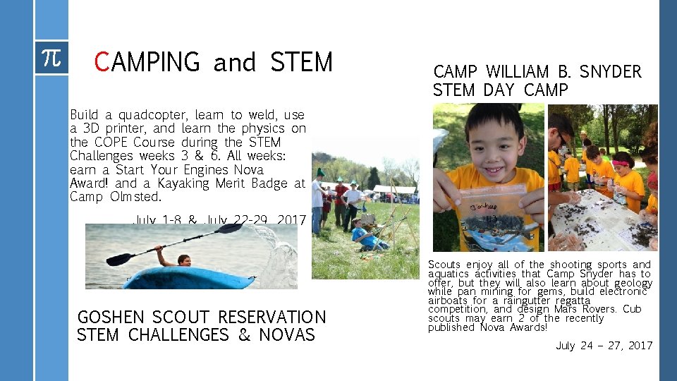 CAMPING and STEM CAMP WILLIAM B. SNYDER STEM DAY CAMP Build a quadcopter, learn
