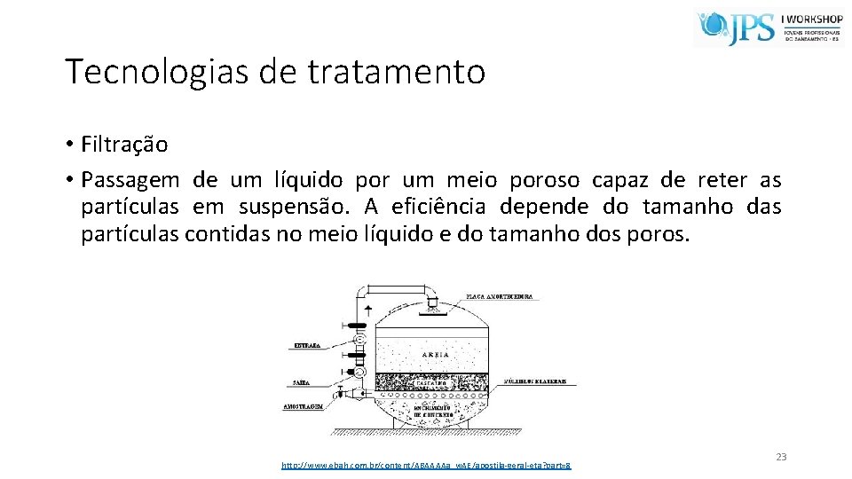 Tecnologias de tratamento • Filtração • Passagem de um líquido por um meio poroso