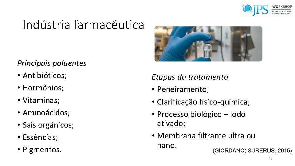 Indústria farmacêutica Principais poluentes • Antibióticos; • Hormônios; • Vitaminas; • Aminoácidos; • Sais