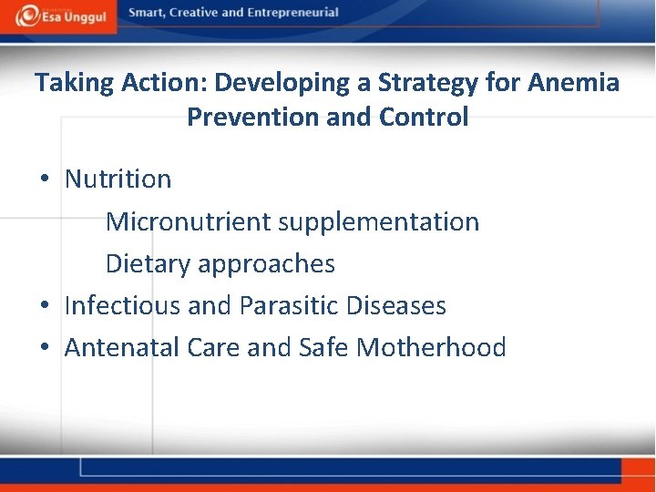 Taking Action: Developing a Strategy for Anemia Prevention and Control • Nutrition Micronutrient supplementation