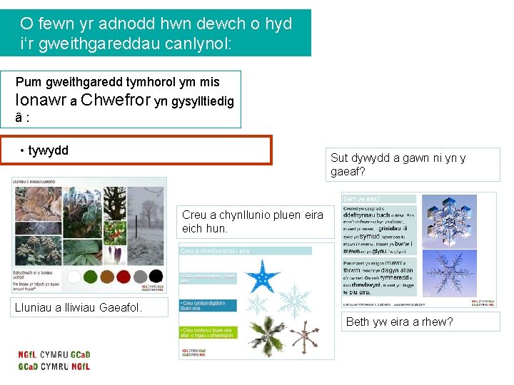 O fewn yr adnodd hwn dewch o hyd i‘r gweithgareddau canlynol: Pum gweithgaredd tymhorol