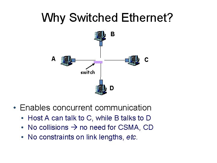 Why Switched Ethernet? B A C switch D • Enables concurrent communication • Host