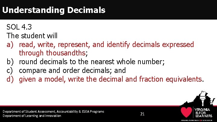 Understanding Decimals SOL 4. 3 The student will a) read, write, represent, and identify