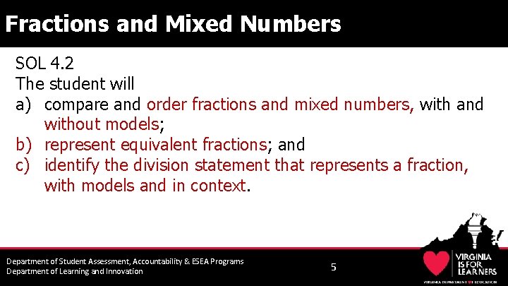 Fractions and Mixed Numbers SOL 4. 2 The student will a) compare and order