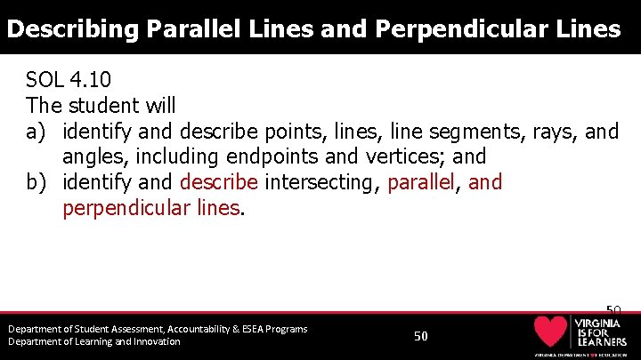 Describing Parallel Lines and Perpendicular Lines SOL 4. 10 The student will a) identify