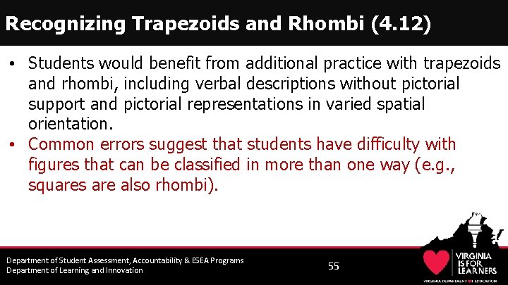 Recognizing Trapezoids and Rhombi (4. 12) • Students would benefit from additional practice with