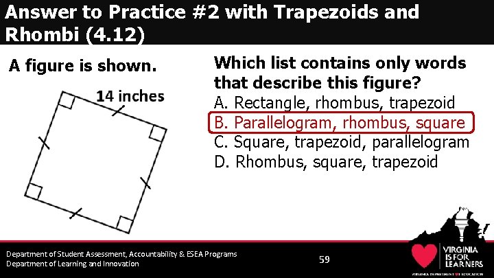 Answer to Practice #2 with Trapezoids and Rhombi (4. 12) A figure is shown.