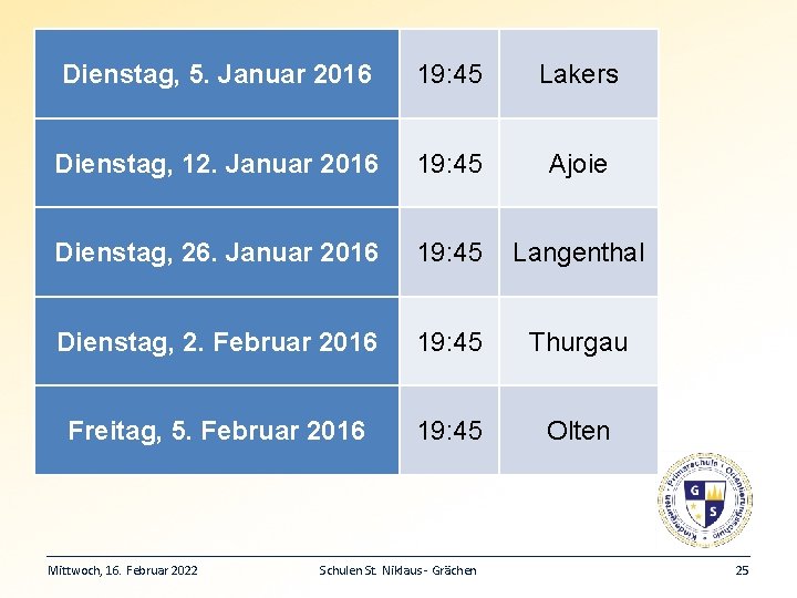 Dienstag, 5. Januar 2016 19: 45 Lakers Dienstag, 12. Januar 2016 19: 45 Ajoie