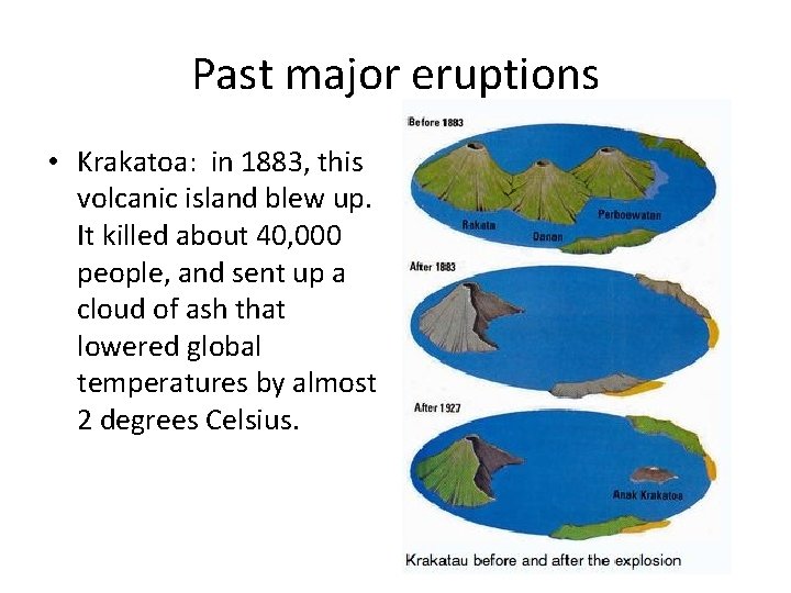 Past major eruptions • Krakatoa: in 1883, this volcanic island blew up. It killed
