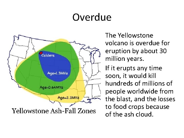 Overdue • The Yellowstone volcano is overdue for eruption by about 30 million years.