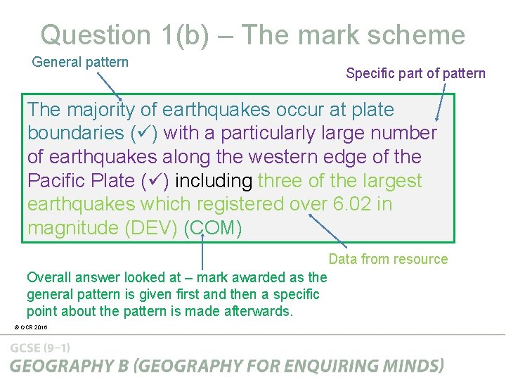 Question 1(b) – The mark scheme General pattern Specific part of pattern The majority