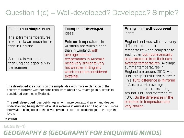 Question 1(d) – Well-developed? Developed? Simple? Examples of simple ideas: The extreme temperatures in