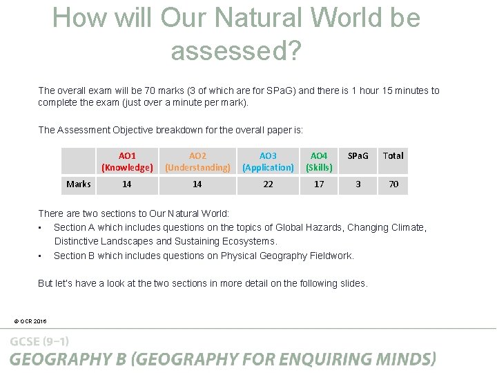 How will Our Natural World be assessed? The overall exam will be 70 marks