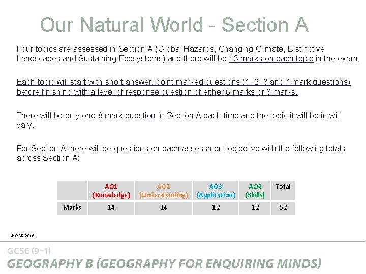 Our Natural World - Section A Four topics are assessed in Section A (Global