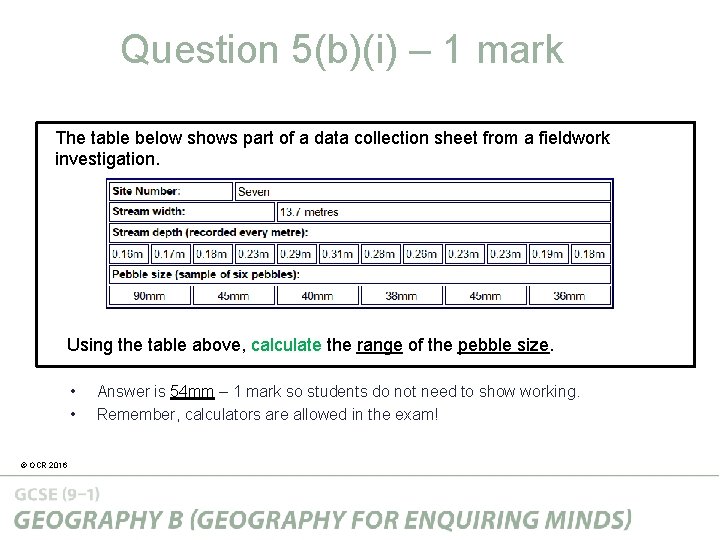 Question 5(b)(i) – 1 mark The table below shows part of a data collection