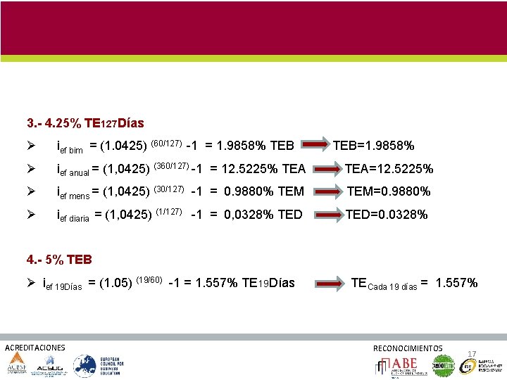 3. - 4. 25% TE 127 Días Ø ief bim = (1. 0425) (60/127)