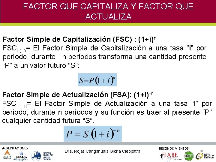 FACTOR QUE CAPITALIZA Y FACTOR QUE ACTUALIZA Factor Simple de Capitalización (FSC) : (1+i)n