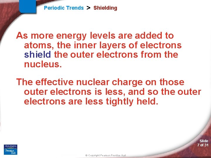 Periodic Trends > Shielding As more energy levels are added to atoms, the inner