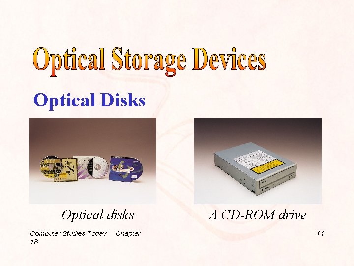 Optical Disks Optical disks Computer Studies Today 18 Chapter A CD-ROM drive 14 