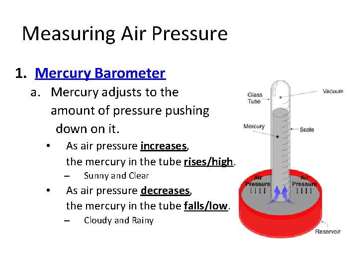 Measuring Air Pressure 1. Mercury Barometer a. Mercury adjusts to the amount of pressure