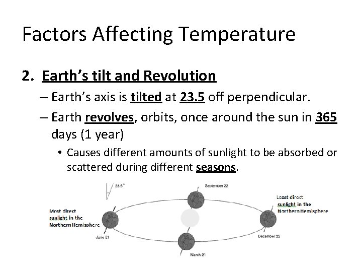 Factors Affecting Temperature 2. Earth’s tilt and Revolution – Earth’s axis is tilted at
