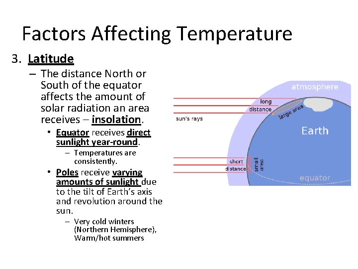 Factors Affecting Temperature 3. Latitude – The distance North or South of the equator