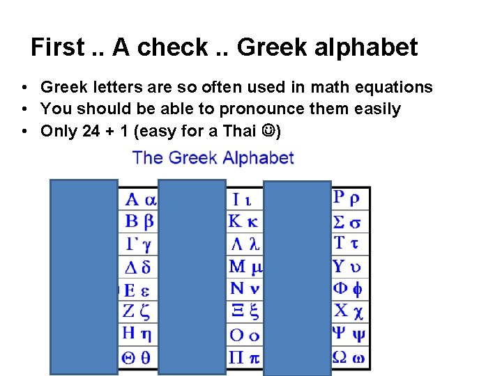 First. . A check. . Greek alphabet • Greek letters are so often used