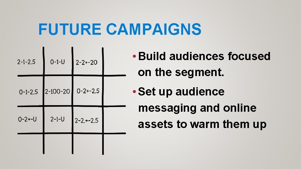 FUTURE CAMPAIGNS • Build audiences focused on the segment. • Set up audience messaging