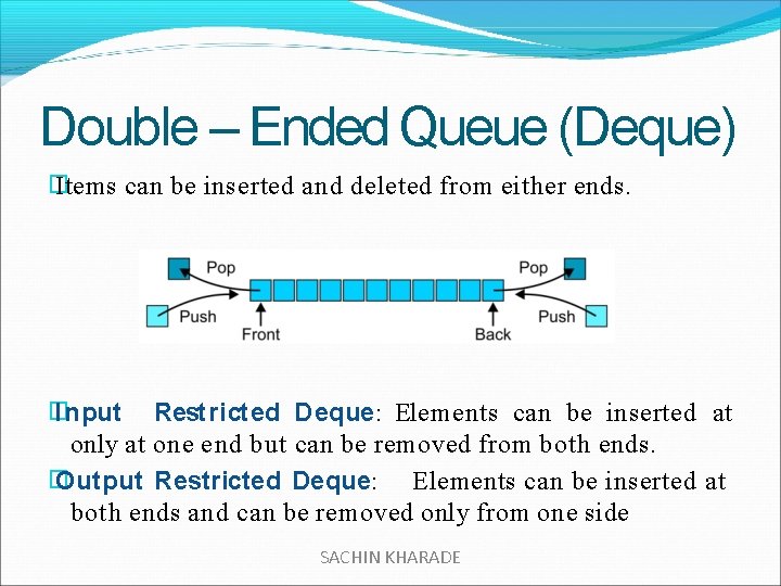 Double – Ended Queue (Deque) � Items can be inserted and deleted from either