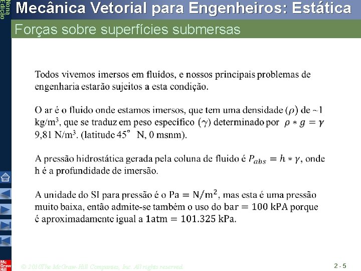 Nona Edição Mecânica Vetorial para Engenheiros: Estática Forças sobre superfícies submersas © 2010 The